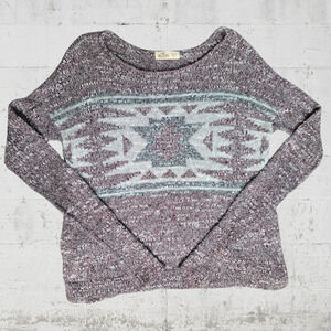 Hollister Heathered Red Southwestern Cropped Boat Neck Knit Sweater Size Small